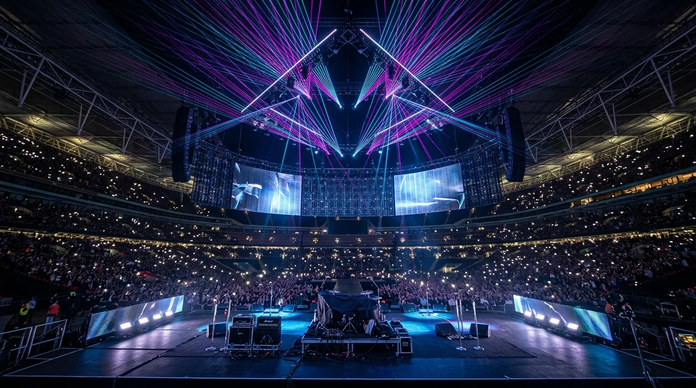 Stadium concert stage lighting truss and arena production setup