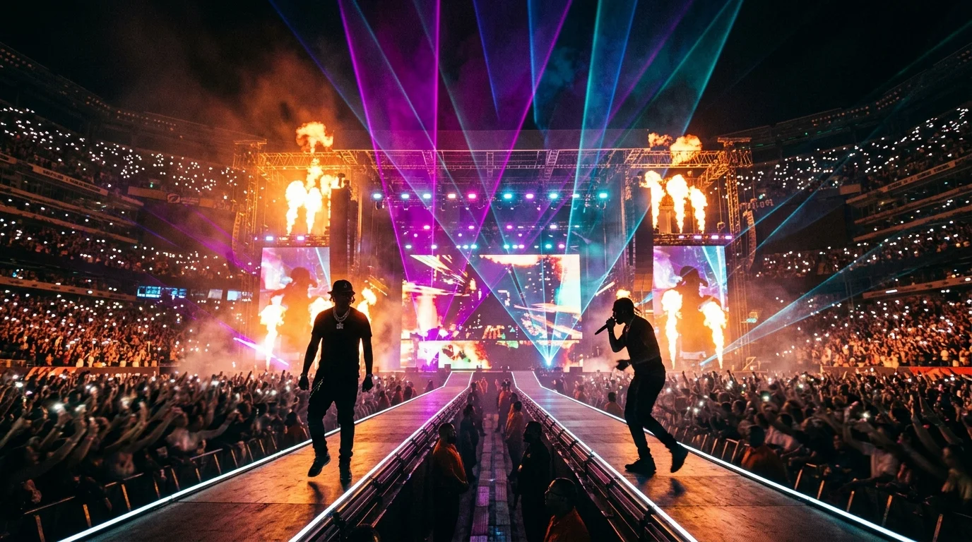 Usher and Chris Brown performing on The R&B Tour 2026 stadium stage with laser show and pyrotechnics