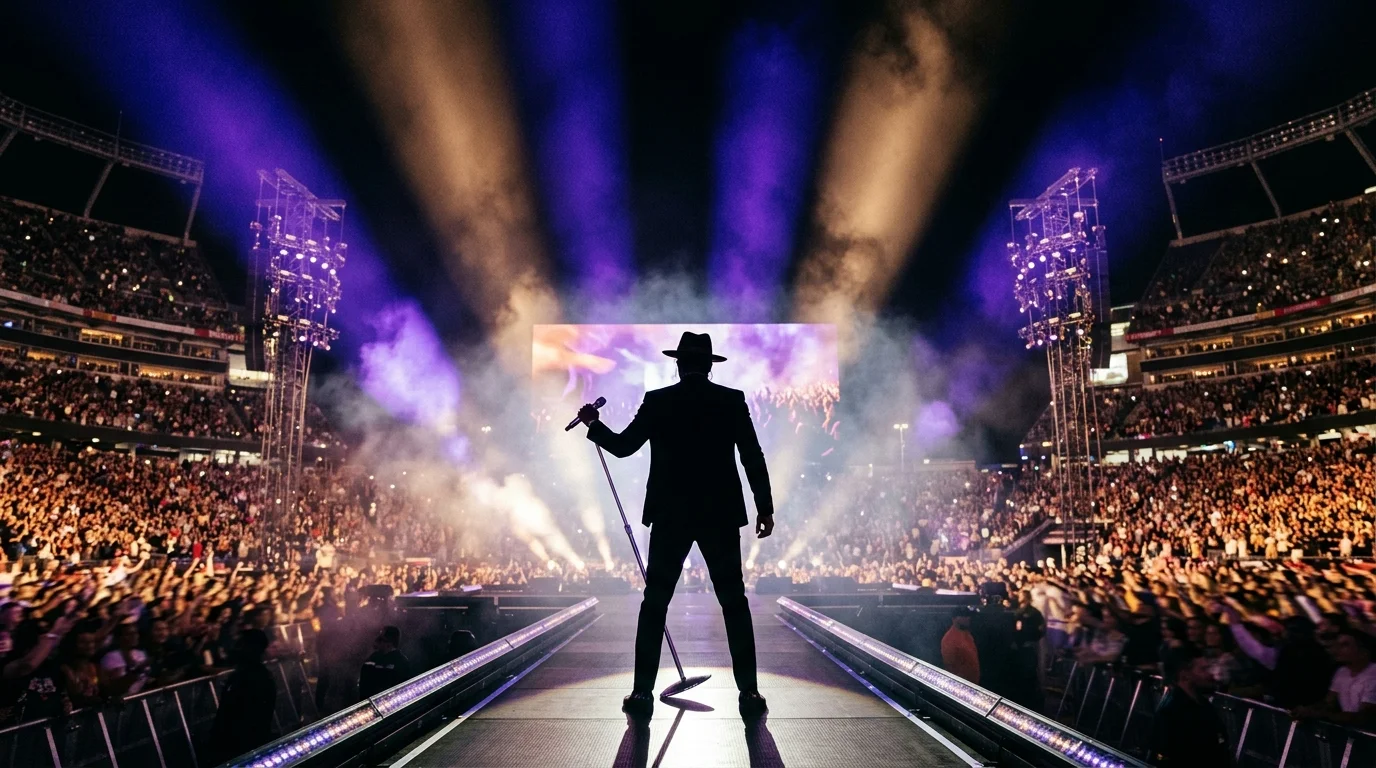 Live R&B concert performance at Baltimore M&T Bank Stadium with purple stage lighting
