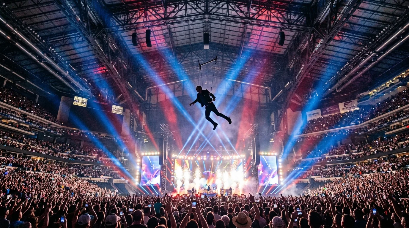 Aerial concert stunt performance over crowd at Indianapolis Lucas Oil Stadium