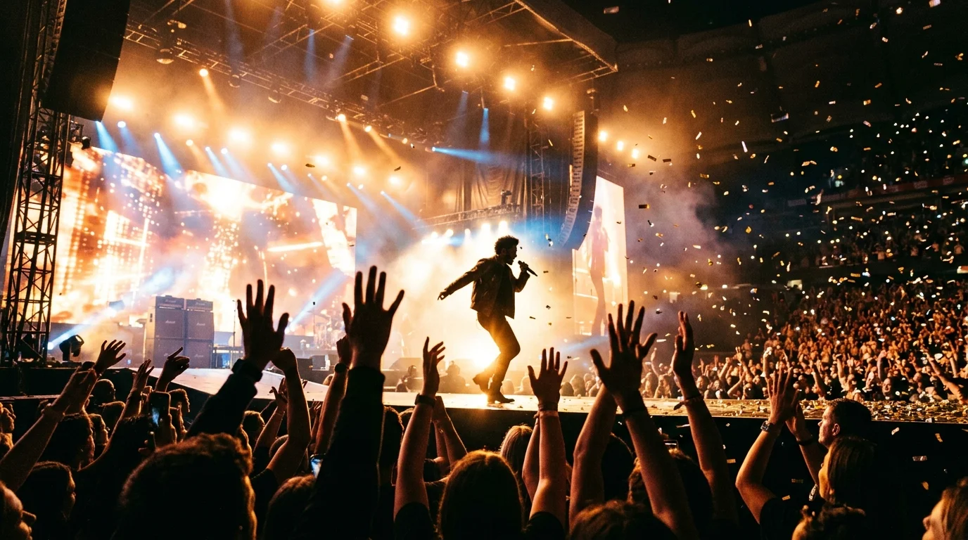 View from floor seats towards stage performance with concert confetti and crowd