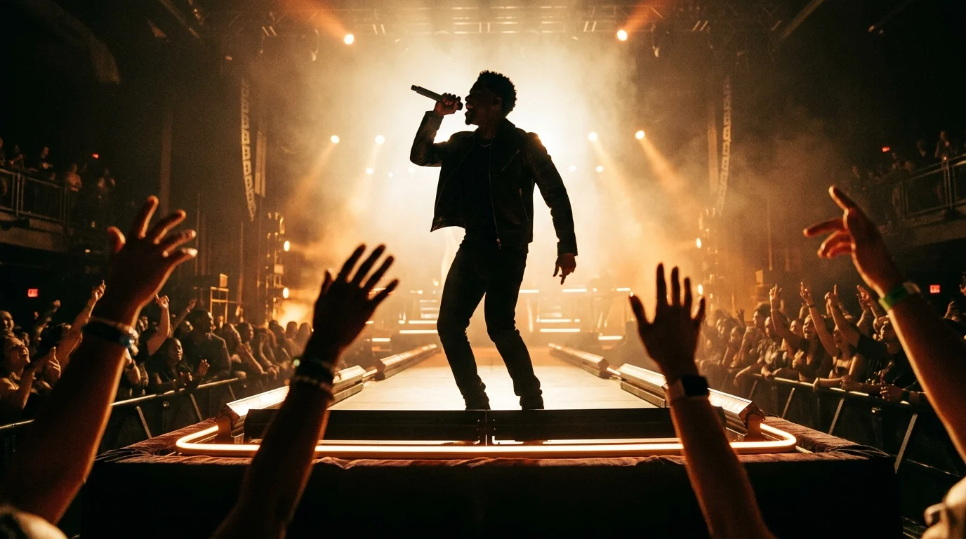 VIP pit barricade view of live R&B artist stage performance
